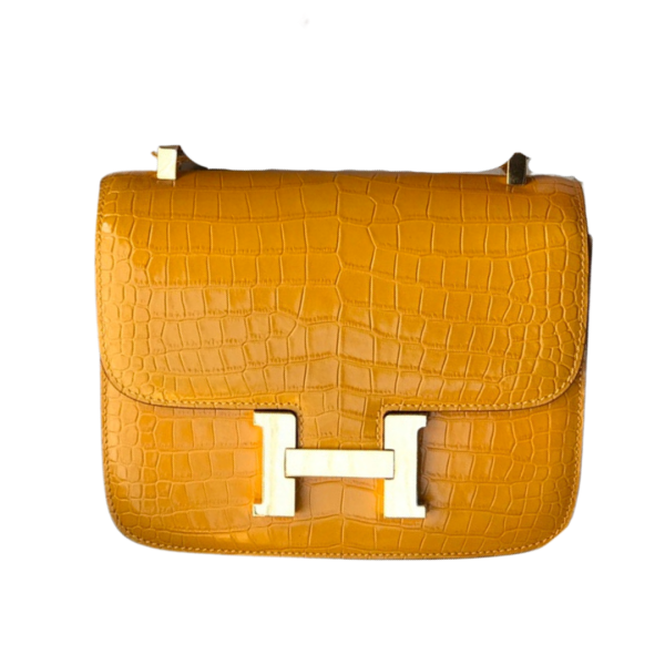 H CONSTANCE ALLIGATOR GOLD HARDWARE MINI YELLOW FICELLE BAG 18CM