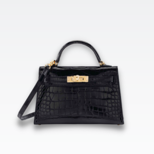 H MINI KELLY CROCODILE GOLD-TONED HARDWARE BLACK 22CM