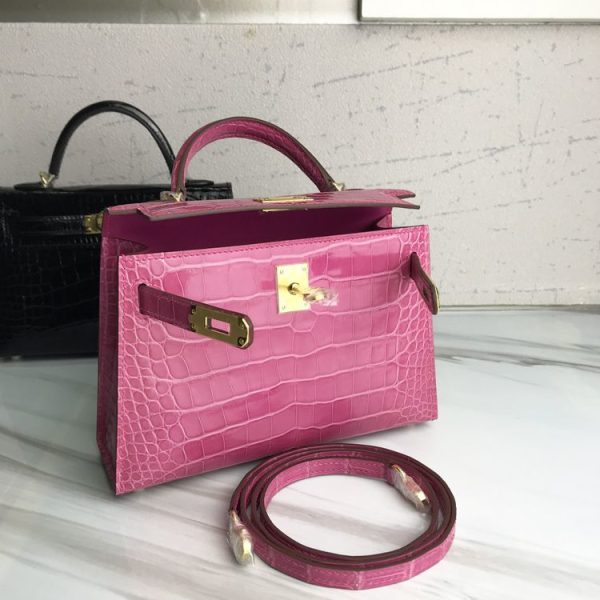 H MINI KELLY POCHETTE CROCODILE GOLD TONED HARDWARE PURPLE 22CM