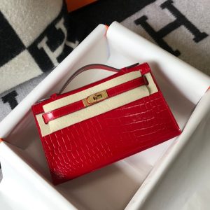 H MINI KELLY POCHETTE CROCODILE GOLD TONED HARDWARE RED 22CM